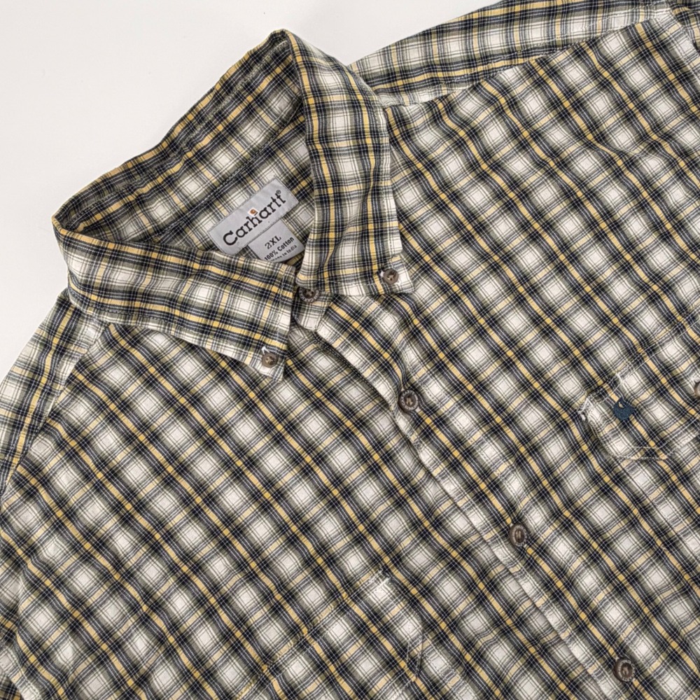 Carhartt Mens 2XL Short Sleeve Plaid Button Down Shirt Green Yellow S204 WHT
